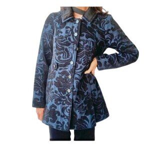 Free People Women's Size 6 Coat Jacket Jacquard Brocade Blue & Black Paisley